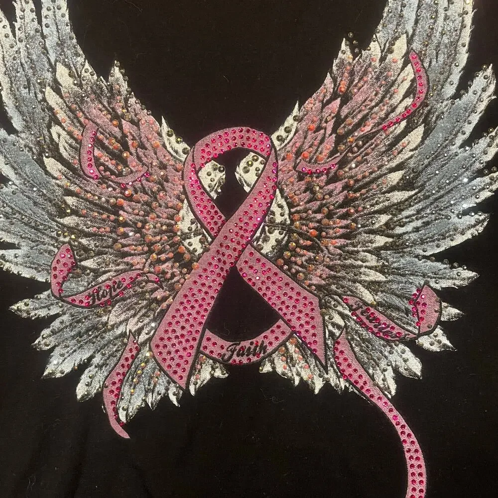 Poppy’s Savannah Pink Ribbon Angel Wings Shirt Women 2XL Fit Large Biker Graphic